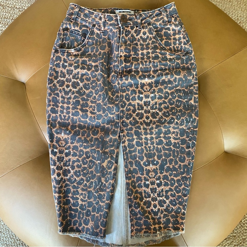 LOne Teaspoon Cadillac Denim Animal Print Skirt Center Split Slit Cheetah…